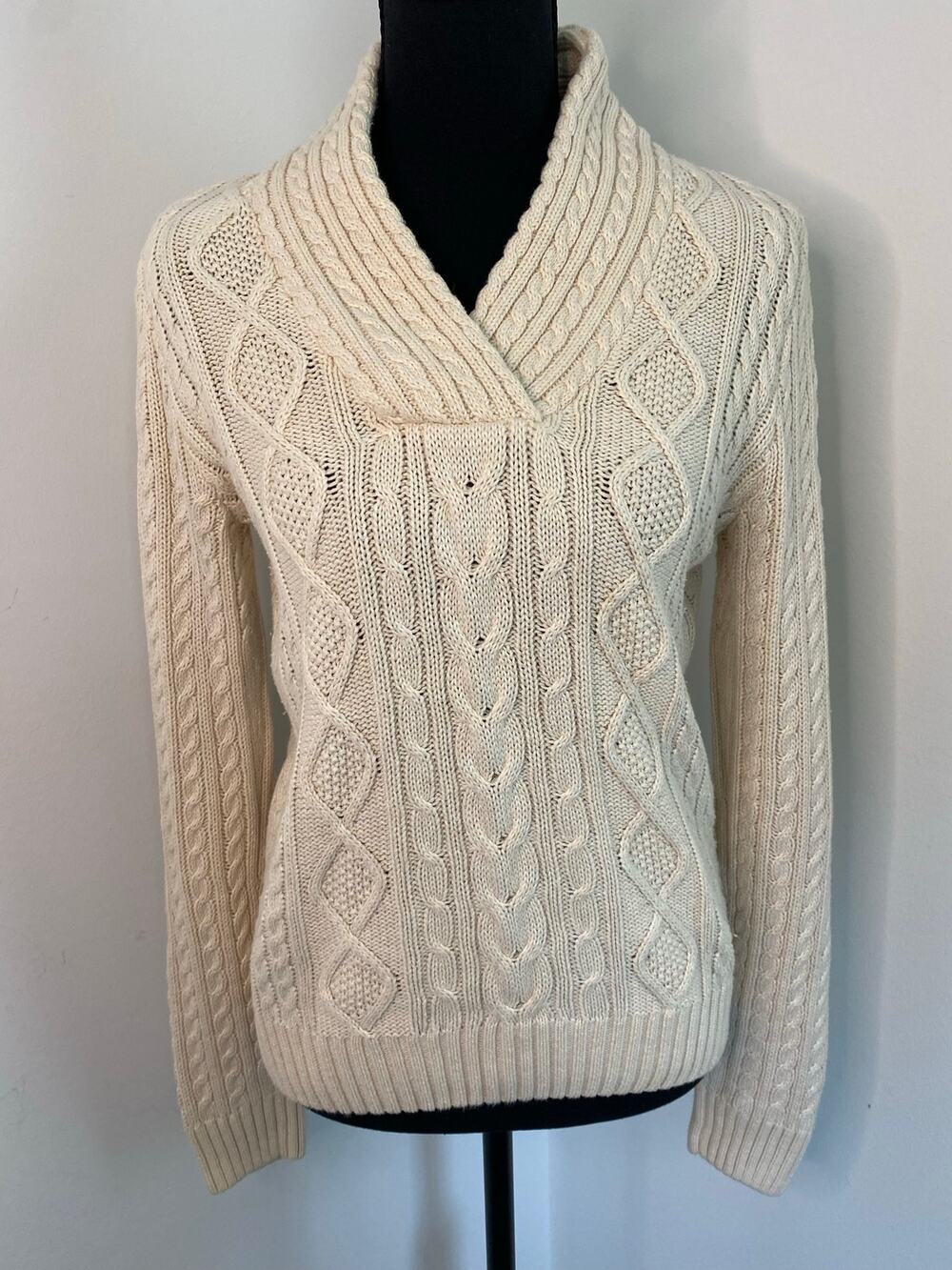 Jeanne Pierre Cream Cable Knit Shawl Collar Sweater Size S